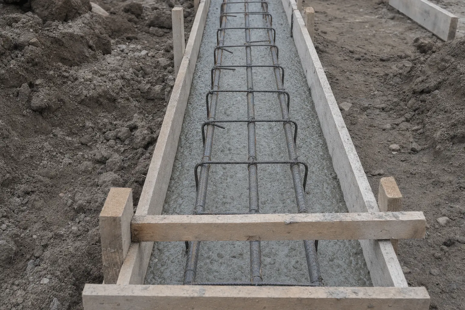 Fouille en rigole avec cage de ferraillage avant coulage de la semelle filante.