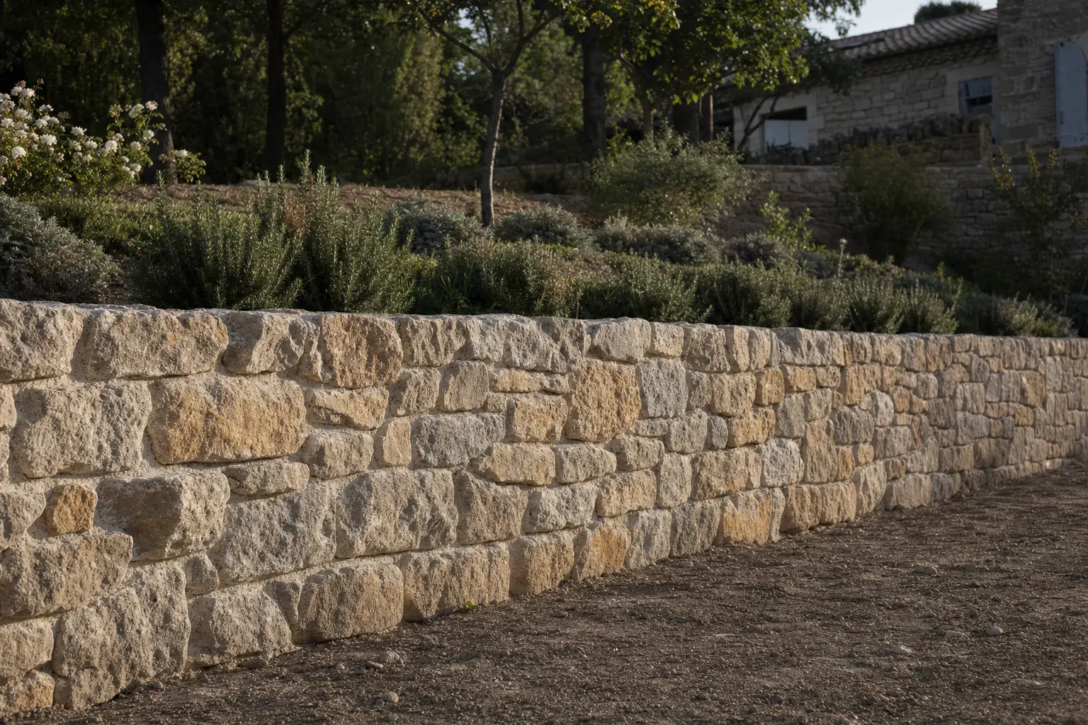 Mur de soutènement en pierre à joints de chaux, lumière rasante.